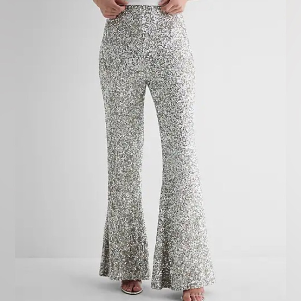 Super High Waisted Sequin Wide Flare Pant | Express